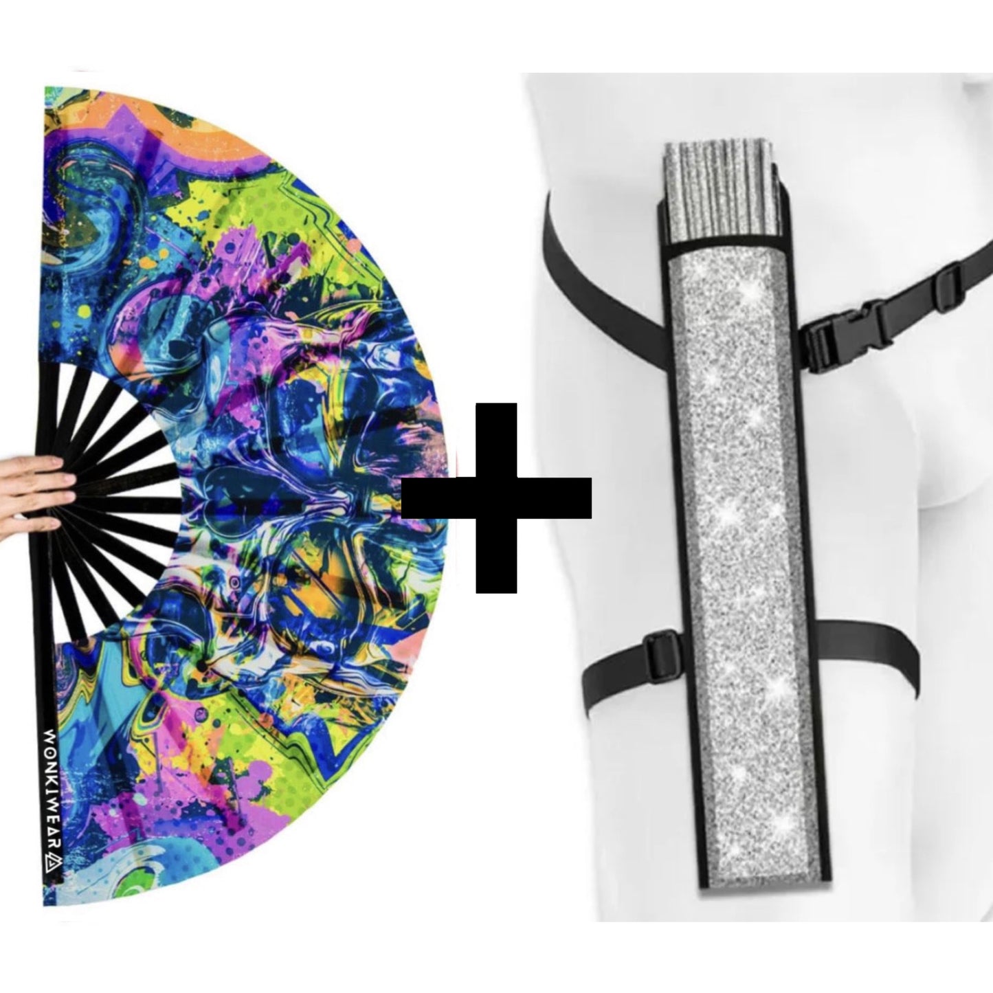 XL UV reactive graffiti skull festival fan with silver shimmer holster bundle