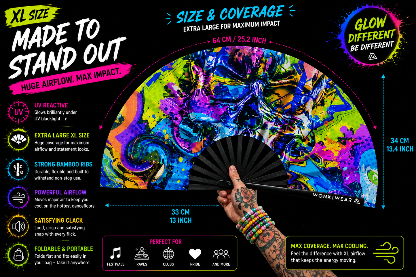 XL graffiti skull UV reactive festival fan size guide with dimensions and airflow coverage