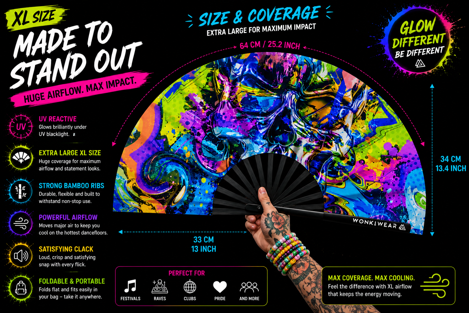 XL graffiti skull UV reactive festival fan size guide with dimensions and airflow coverage