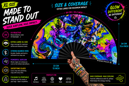 XL graffiti skull UV reactive festival fan size guide with dimensions and airflow coverage