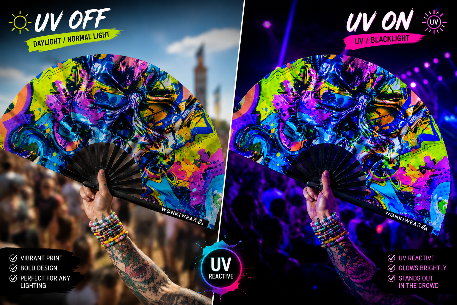 Graffiti skull festival fan comparison in daylight and glowing under UV blacklight