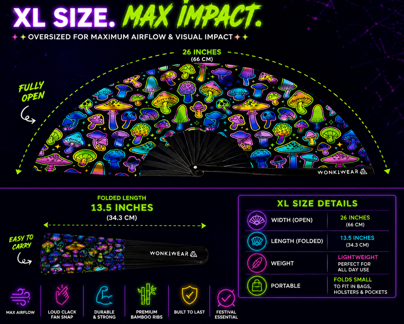 XL size detail image showing large UV reactive mushroom festival fan