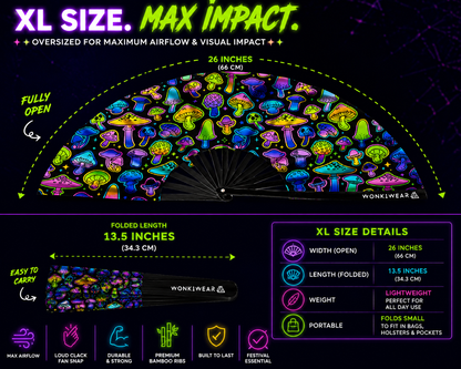 XL size detail image showing large UV reactive mushroom festival fan