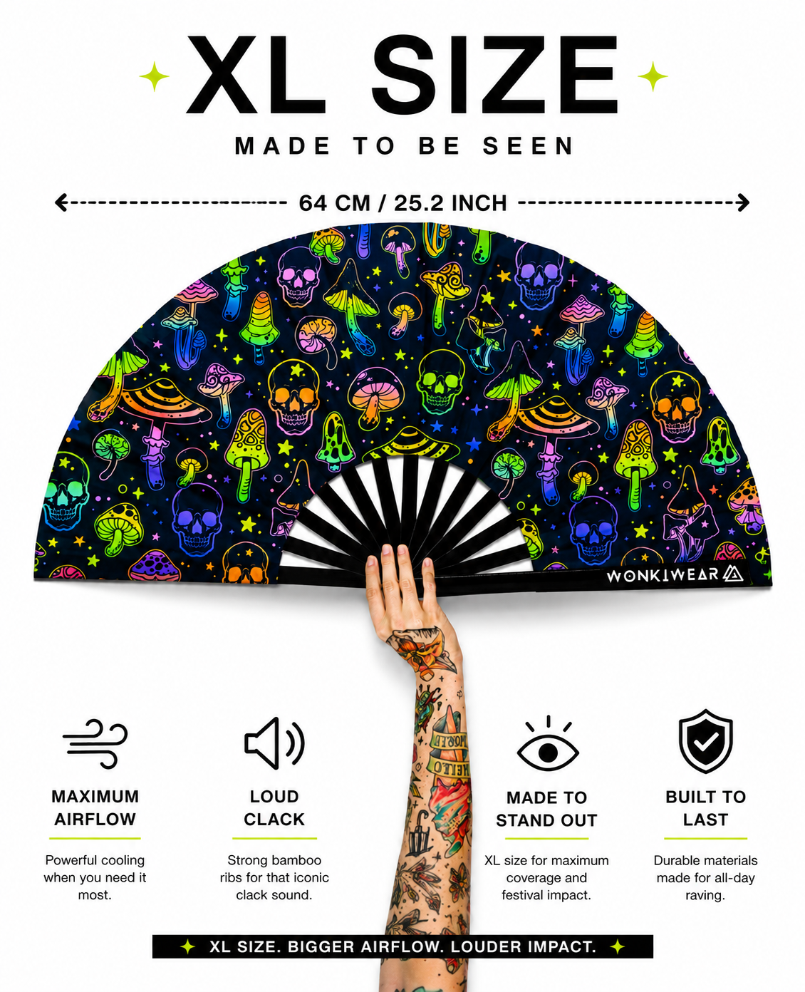 XL size detail image showing large UV reactive mushroom and skulls festival fan