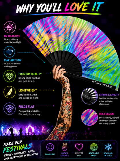 Benefits infographic showing UV glow bamboo ribs airflow and XL size of pastel zebra rave fan