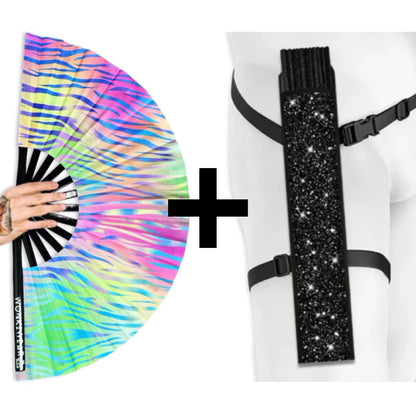 XL UV reactive pastel zebra festival fan with black shimmer holster bundle