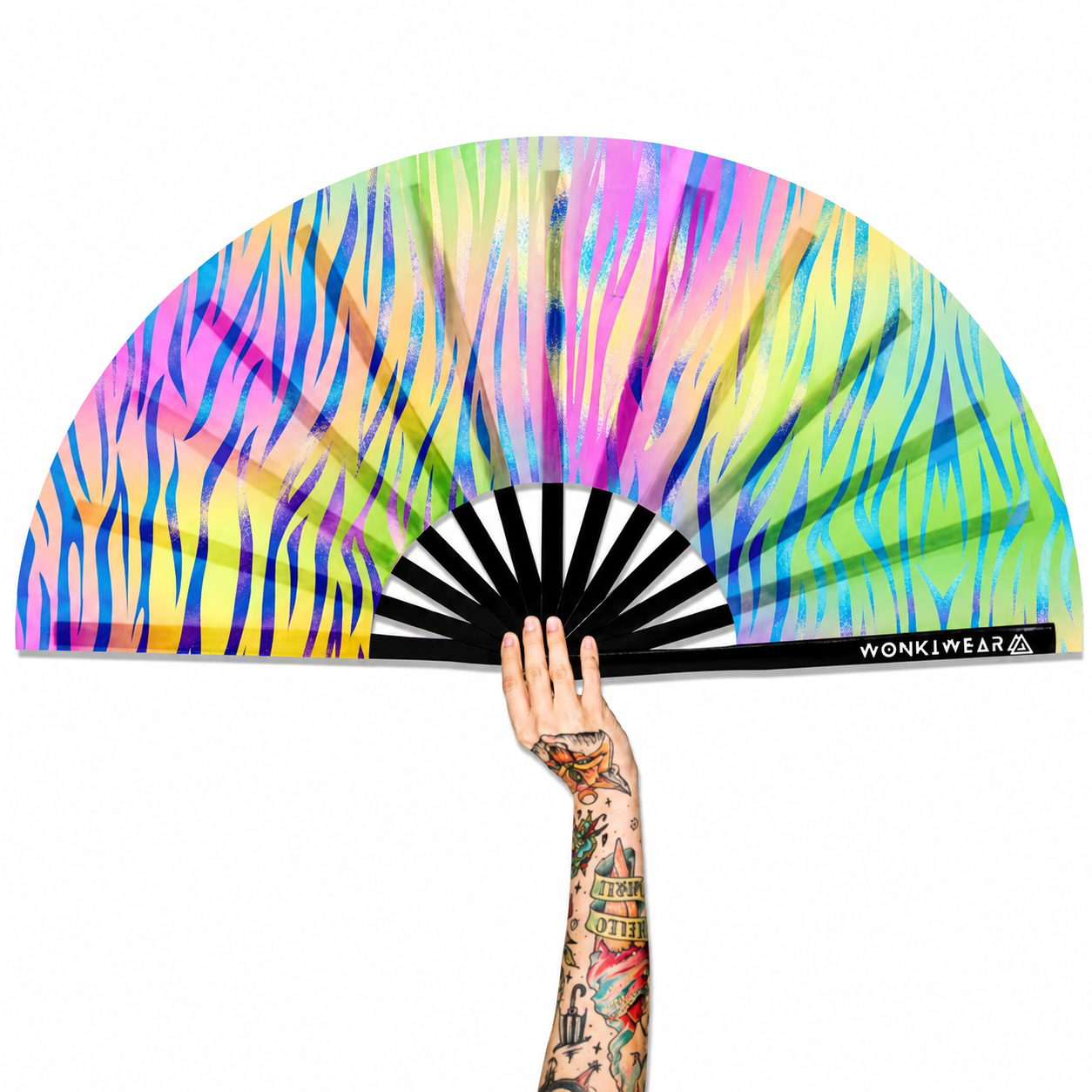 XL UV reactive pastel zebra festival fan with black bamboo ribs on white background