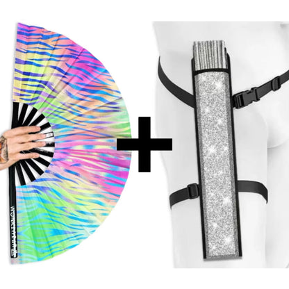 XL UV reactive pastel zebra festival fan with silver shimmer holster bundle