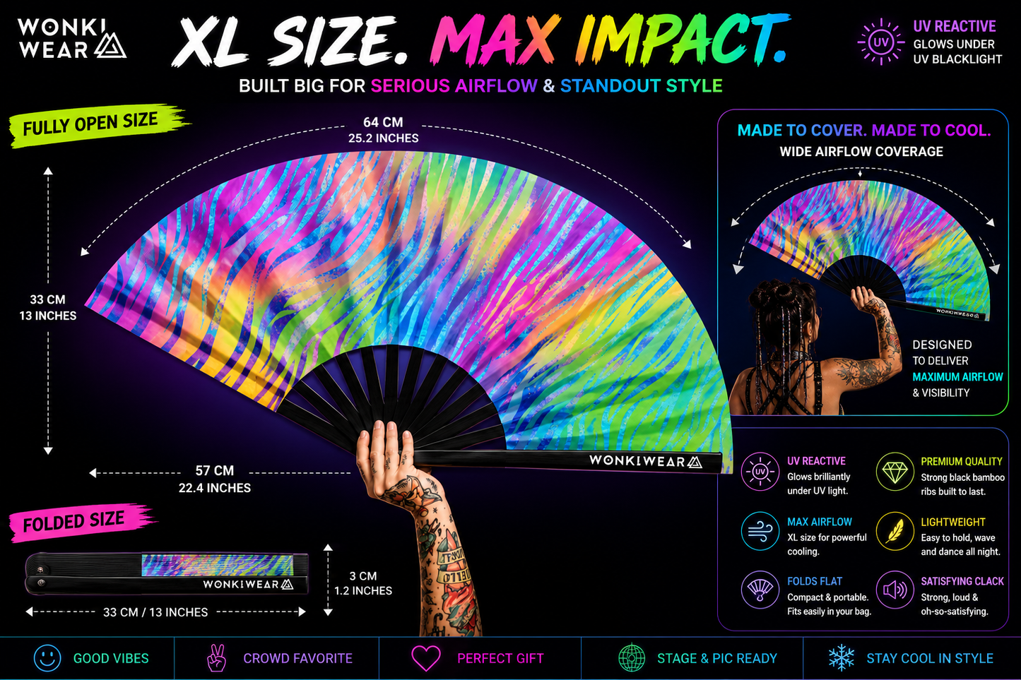 XL pastel zebra UV reactive festival fan size guide showing dimensions and airflow coverage