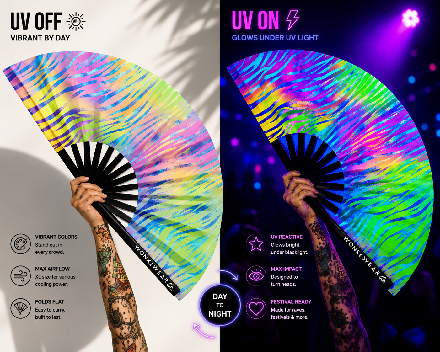 Comparison of pastel zebra festival fan in normal daylight and glowing under UV blacklight