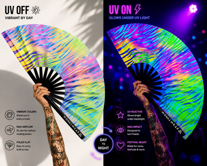 Comparison of pastel zebra festival fan in normal daylight and glowing under UV blacklight