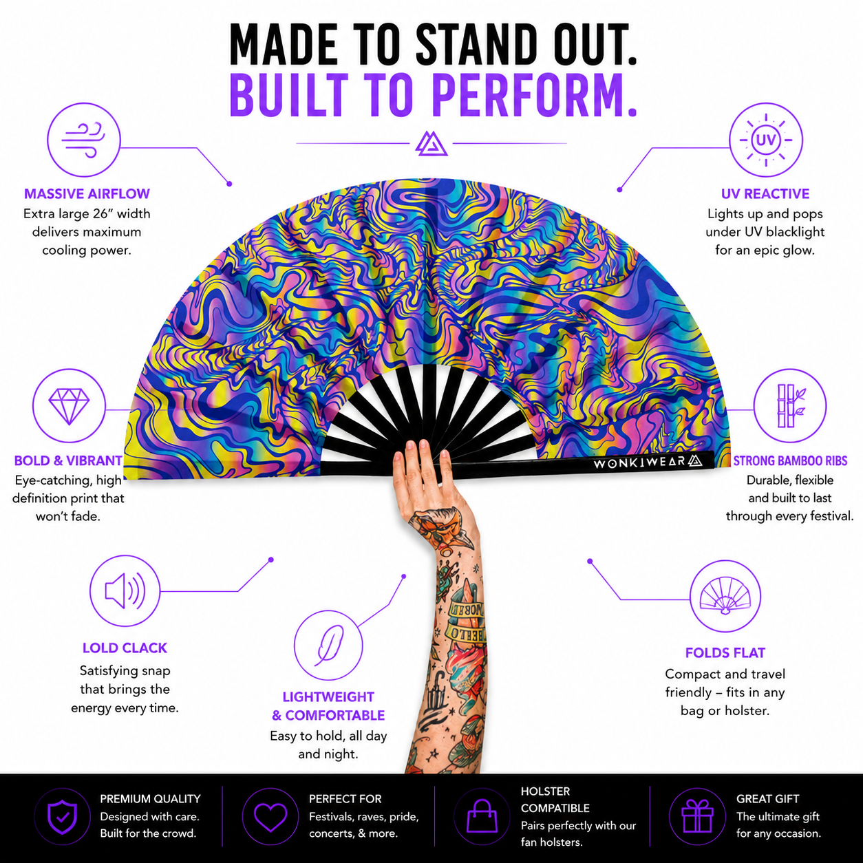 Benefits infographic showing UV glow bamboo ribs XL airflow portability and loud clack snap