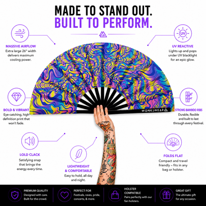 Benefits infographic showing UV glow bamboo ribs XL airflow portability and loud clack snap