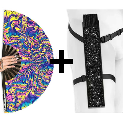 XL UV reactive psychedelic festival fan with black shimmer holster bundle