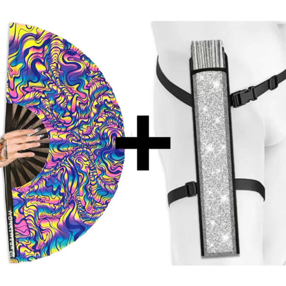 XL UV reactive psychedelic festival fan with silver shimmer holster bundle