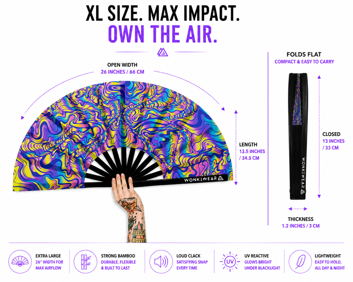 XL psychedelic rave fan dimensions and airflow coverage size guide