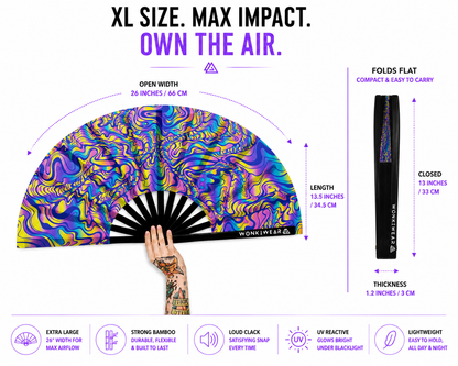XL psychedelic rave fan dimensions and airflow coverage size guide