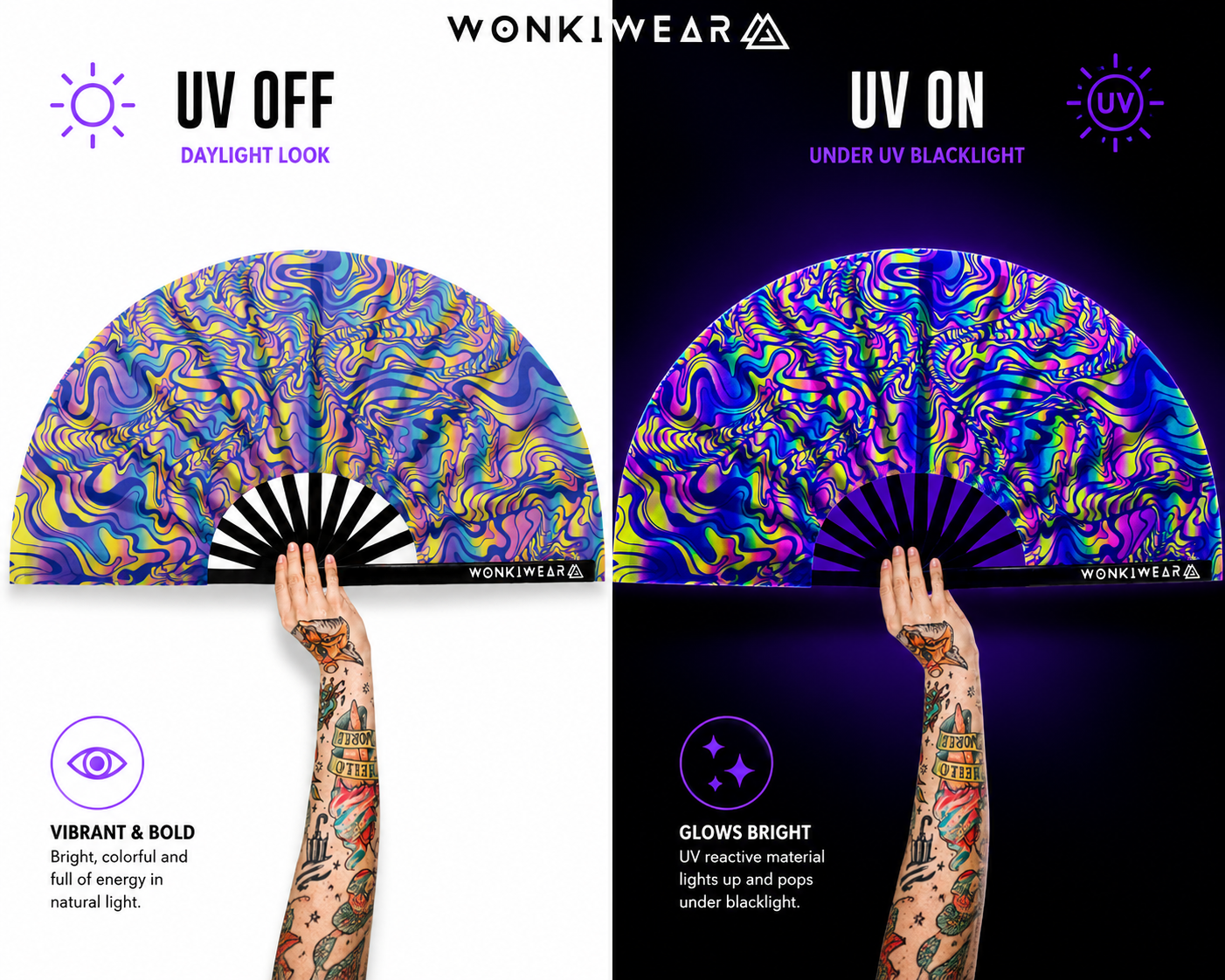 XL psychedelic festival fan shown in daylight and glowing under UV blacklight
