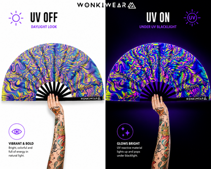 XL psychedelic festival fan shown in daylight and glowing under UV blacklight