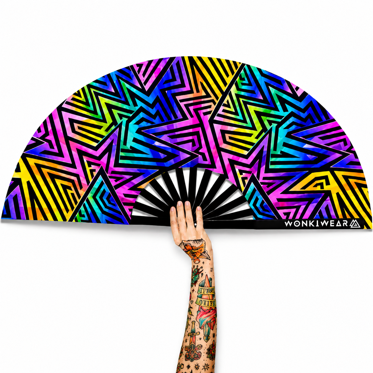 XL UV reactive abstract festival fan with rainbow geometric design and black bamboo ribs