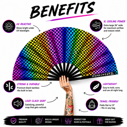 Benefits infographic showing UV glow bamboo ribs XL airflow portability and loud clack snap