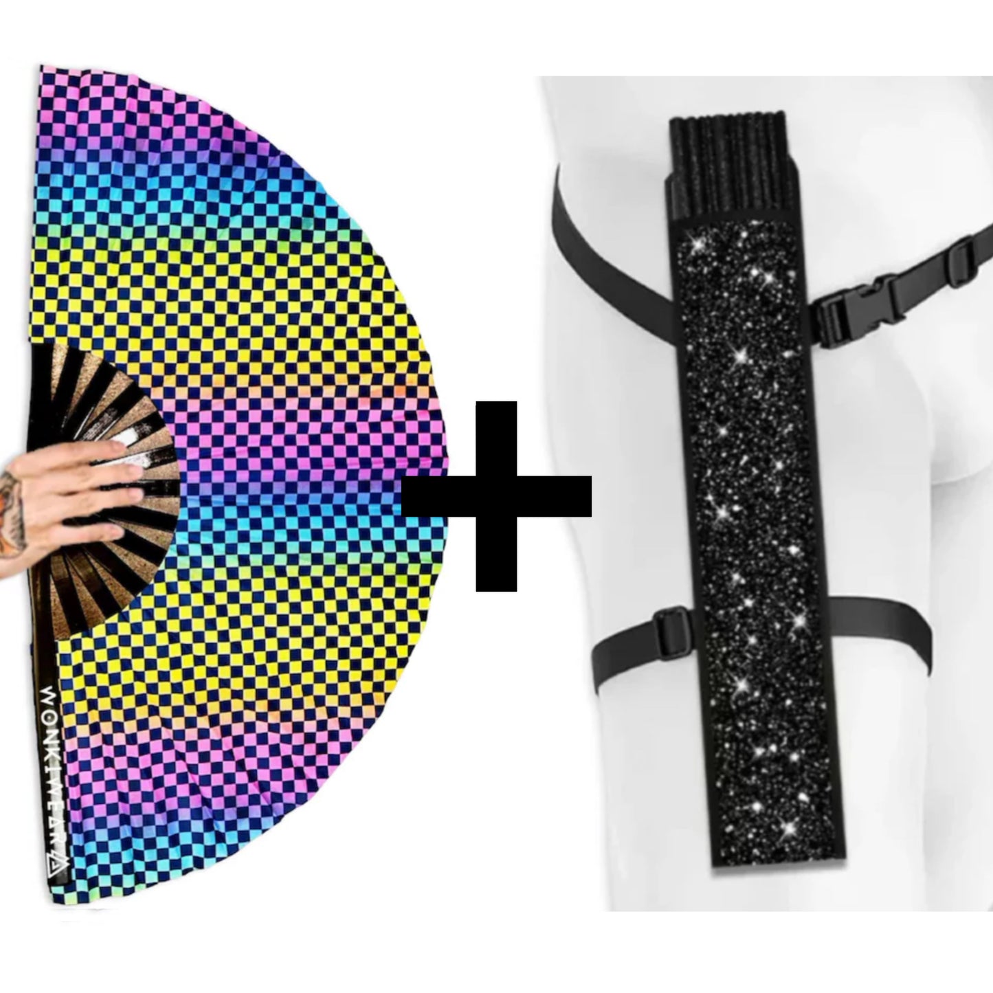 XL UV reactive chequered festival fan with black shimmer holster bundle