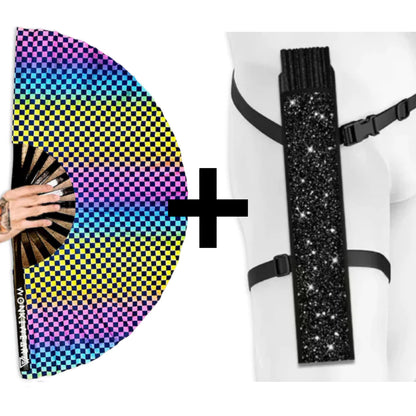 XL UV reactive chequered festival fan with black shimmer holster bundle