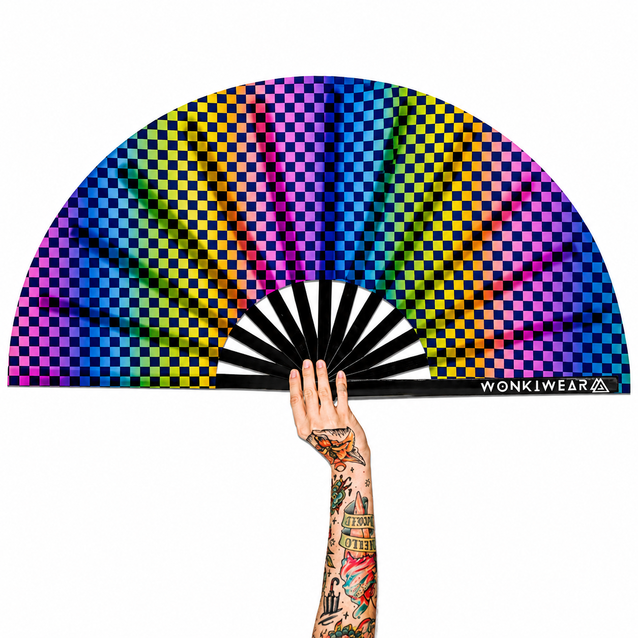 XL UV reactive chequered festival fan with black bamboo ribs on white background
