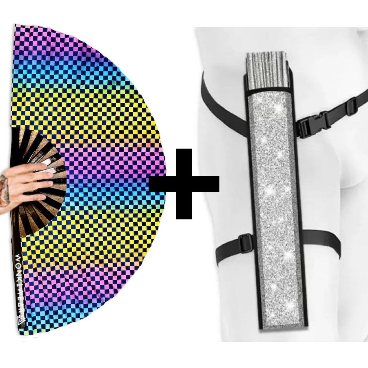 XL UV reactive checkerboard rave fan with silver shimmer holster bundle