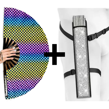 XL UV reactive checkerboard rave fan with silver shimmer holster bundle