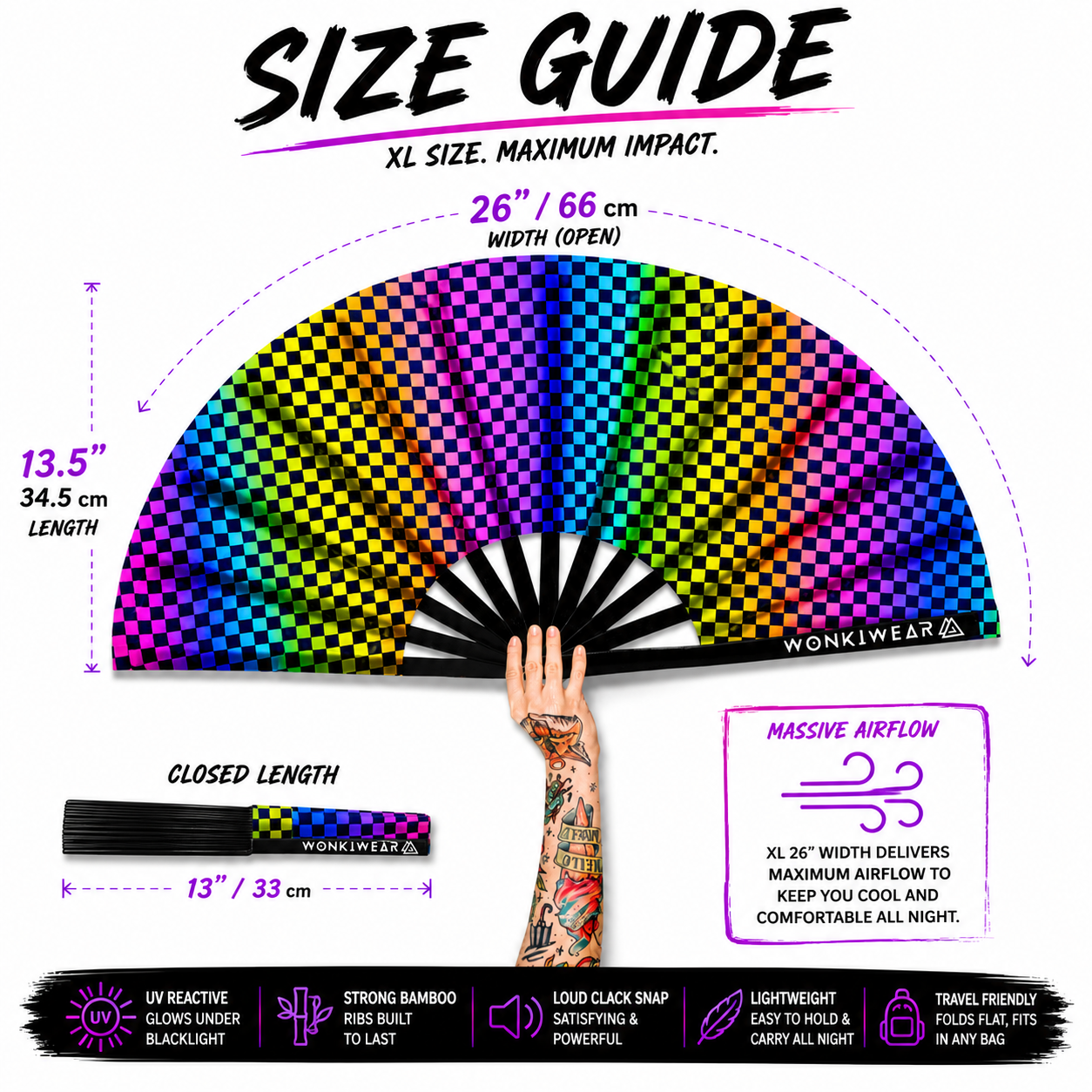 XL chequered rave fan dimensions and airflow coverage size guide