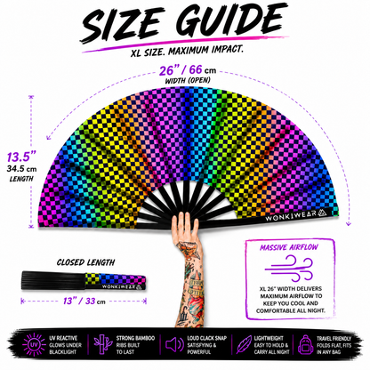 XL chequered rave fan dimensions and airflow coverage size guide