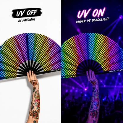 XL UV reactive chequered festival fan shown in daylight and glowing under UV blacklight