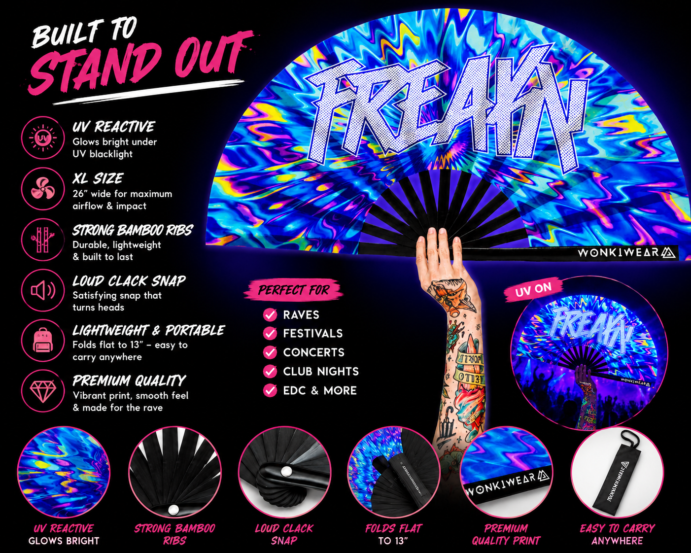 Benefits infographic showing UV glow bamboo ribs XL airflow portability and loud clack snap