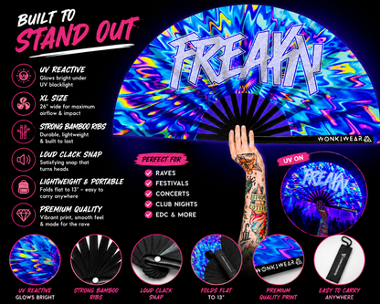 Benefits infographic showing UV glow bamboo ribs XL airflow portability and loud clack snap