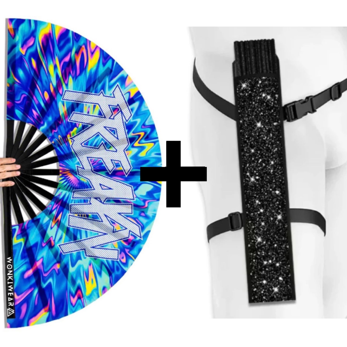 XL UV reactive FREAKY festival fan with black shimmer holster bundle