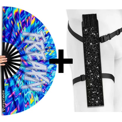 XL UV reactive FREAKY festival fan with black shimmer holster bundle
