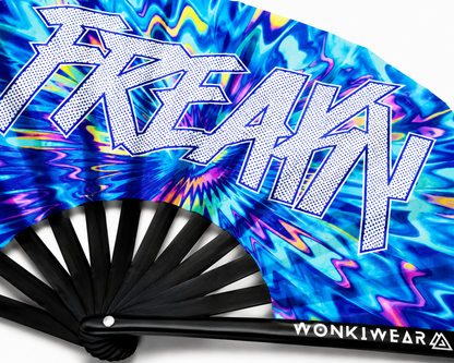 Close up detail of FREAKY UV reactive rave fan print and black bamboo ribs