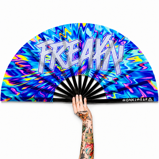 XL UV reactive FREAKY festival fan with black bamboo ribs on white background