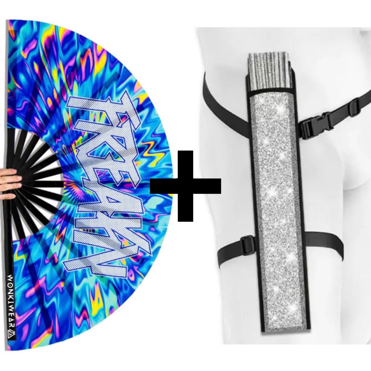 XL UV reactive FREAKY festival fan with silver shimmer holster bundle