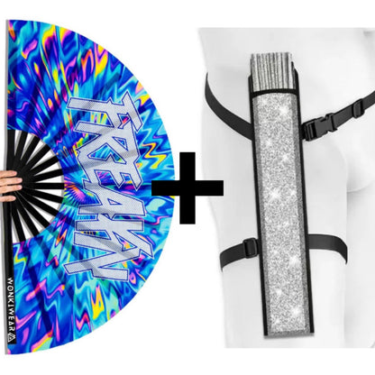 XL UV reactive FREAKY festival fan with silver shimmer holster bundle