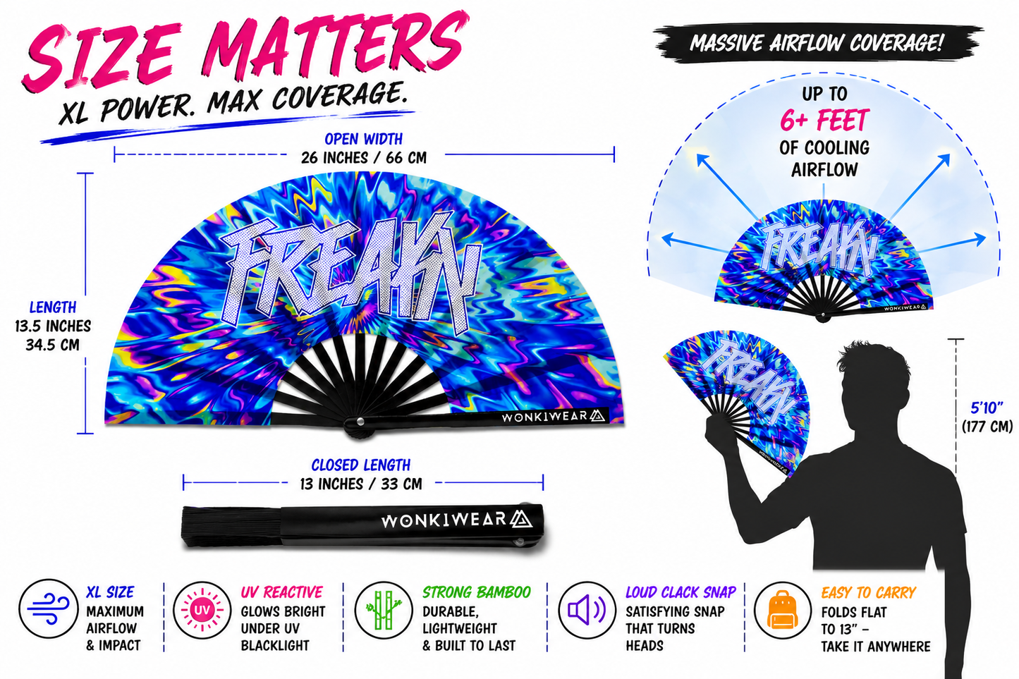 XL FREAKY rave fan dimensions and airflow coverage size guide