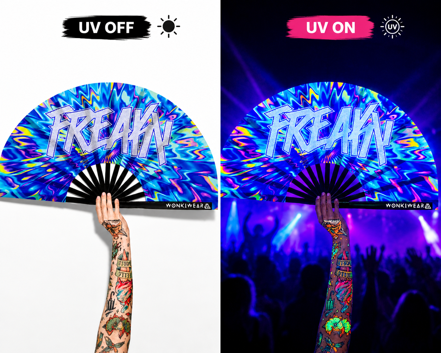 XL UV reactive FREAKY festival fan shown in daylight and glowing under UV blacklight