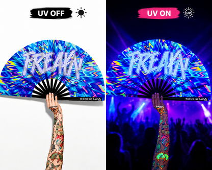 XL UV reactive FREAKY festival fan shown in daylight and glowing under UV blacklight