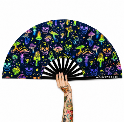 XL UV reactive mushroom and skulls festival fan with black bamboo ribs