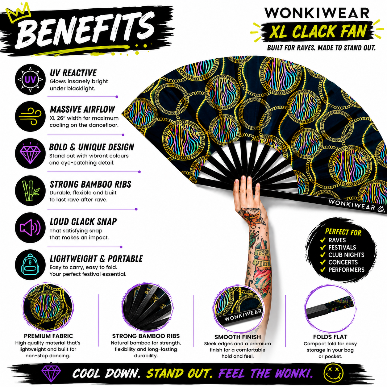 Benefits infographic showing UV glow bamboo ribs XL airflow portability and loud clack snap