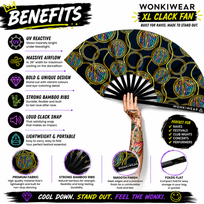 Benefits infographic showing UV glow bamboo ribs XL airflow portability and loud clack snap