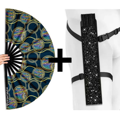 XL UV reactive luxury festival fan with black shimmer holster bundle
