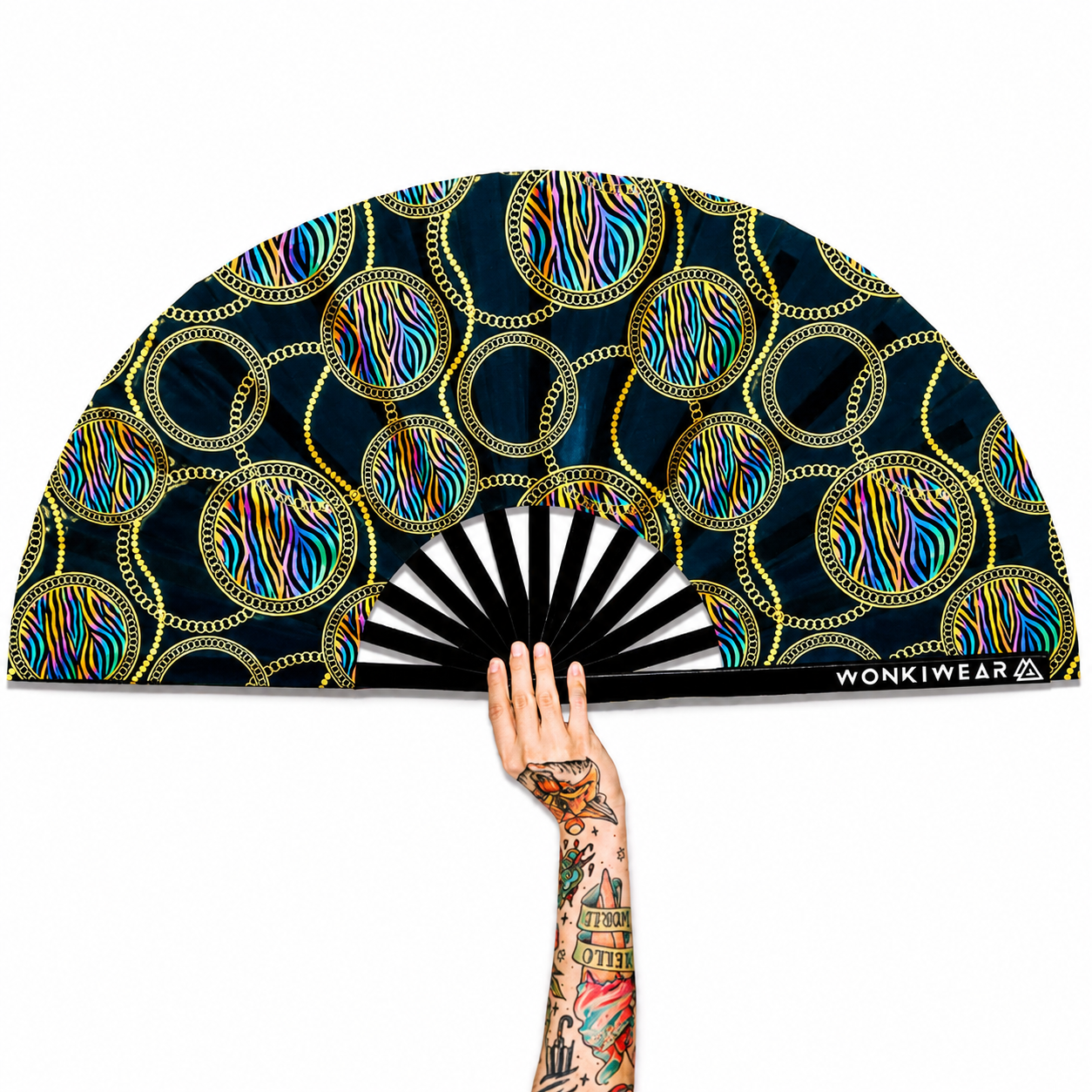XL UV reactive luxury festival fan with black bamboo ribs on white background