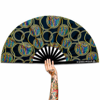 XL UV reactive luxury festival fan with black bamboo ribs on white background